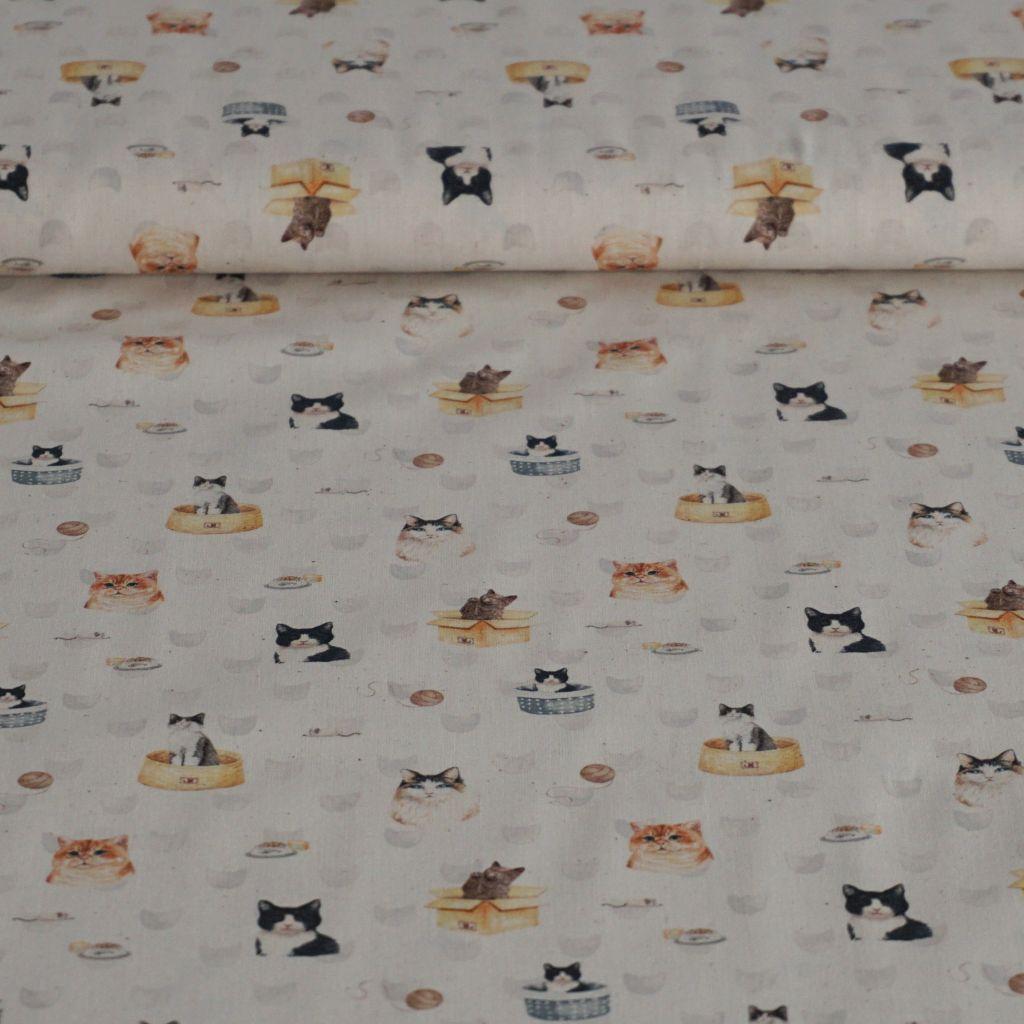 Baumwollstoff Motivdruck Katzenköpfe Katzensachen hell